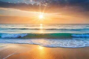 puesta de sol en el playa con olas y océano. generado por ai foto