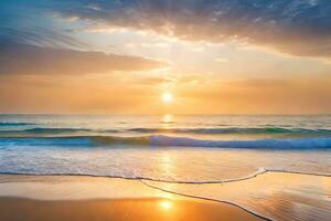 sunset on the beach with waves and sky. AI-Generated photo