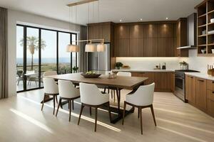 a modern kitchen with wooden cabinets and white chairs. AI-Generated photo