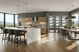 a modern kitchen with a large island and dining table. AI-Generated photo