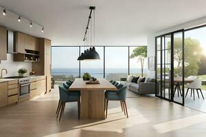 a modern kitchen and dining area with a view of the ocean. AI-Generated photo