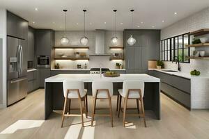 a modern kitchen with gray cabinets and white counter tops. AI-Generated photo