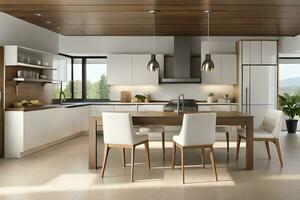 a modern kitchen with white cabinets and wood floors. AI-Generated photo