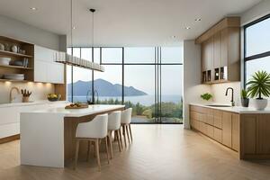 a modern kitchen with a large island and a view of the ocean. AI-Generated photo