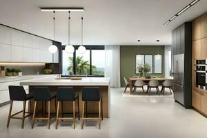 modern kitchen with wooden cabinets and green walls. AI-Generated photo