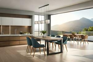 modern kitchen with wooden flooring and large windows. AI-Generated photo