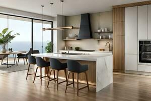 un moderno cocina con de madera pisos y blanco gabinetes generado por ai foto