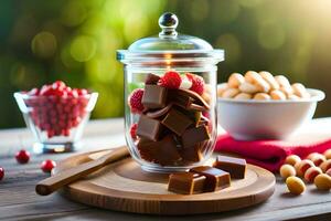 chocolate and raspberry in a jar on a wooden table. AI-Generated photo