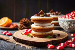 a stack of christmas cakes on a wooden board. AI-Generated photo