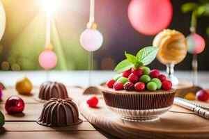 chocolate cupcakes with berries and candies on a wooden table. AI-Generated photo