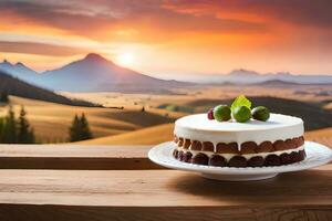 a cake on a plate with a view of the mountains. AI-Generated photo