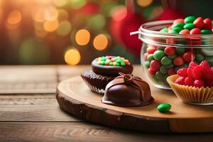 Navidad dulces en vaso frascos en de madera mesa. generado por ai foto