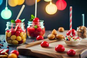 varios Fruta y postre en frascos en un mesa. generado por ai foto