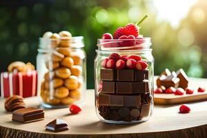 chocolate and berries in glass jars on wooden table. AI-Generated photo