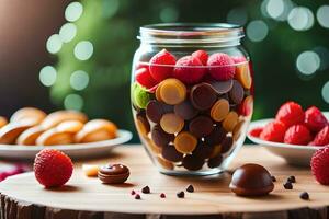 a jar filled with chocolate and berries on a table. AI-Generated photo