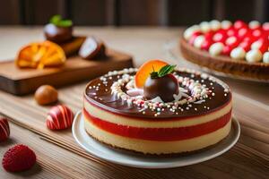 a cake with strawberries and chocolate on a wooden table. AI-Generated photo