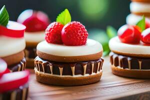 mini cakes with chocolate frosting and fresh berries. AI-Generated photo