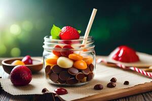 a jar filled with fruit and chocolate on a table. AI-Generated photo