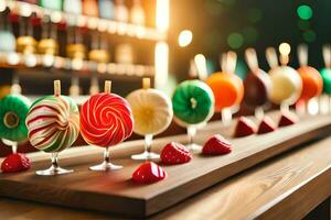 a long line of colorful lollipops on a wooden table. AI-Generated photo