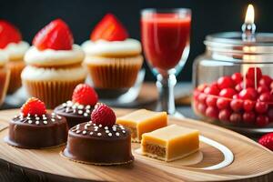 various desserts and cupcakes on a wooden tray. AI-Generated photo