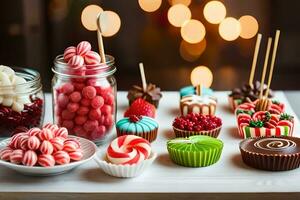 various types of candy and desserts are displayed on a table. AI-Generated photo