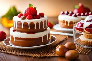 a table with a cake, strawberries and other desserts. AI-Generated photo