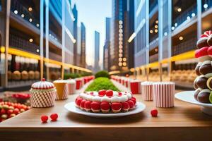 a table with several cakes and other desserts on it. AI-Generated photo