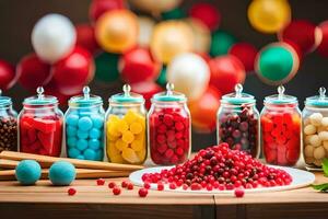 colorful candies in jars on a wooden table. AI-Generated photo