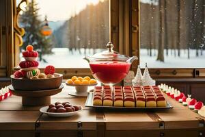 a table with a variety of desserts and candies. AI-Generated photo