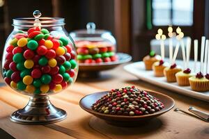 a table with a variety of candies and cakes. AI-Generated photo