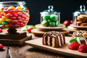 christmas desserts on wooden table with candies and berries. AI-Generated photo