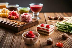 various desserts on a wooden table. AI-Generated photo