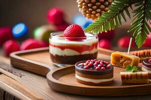 christmas dessert on a wooden tray with berries. AI-Generated photo