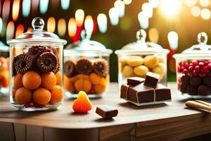 various types of chocolates and candies in glass jars. AI-Generated photo