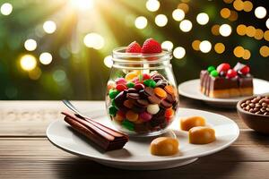 a plate with candy and a jar of candy on a table. AI-Generated photo