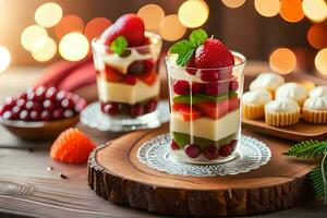 two glasses of fruit and dessert on a wooden table. AI-Generated photo