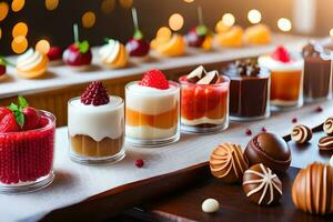 various desserts in small glasses on a table. AI-Generated photo
