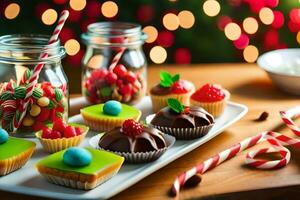 Navidad postres en un bandeja con caramelo bastones generado por ai foto