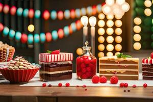 a table with cakes and other desserts. AI-Generated photo