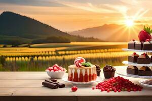 a table with cakes and other desserts on it. AI-Generated photo