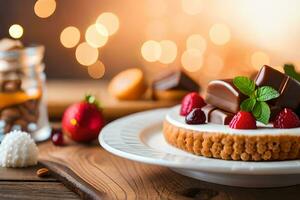a dessert with chocolate and berries on a plate. AI-Generated photo