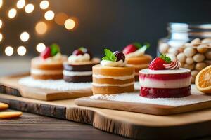various desserts on a wooden tray with lights in the background. AI-Generated photo