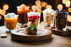 a wooden table with various desserts and drinks. AI-Generated photo