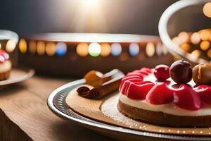 dos postres en platos con velas en el antecedentes. generado por ai foto