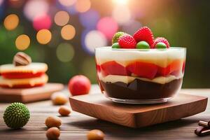 a dessert with fruit and chocolate on a wooden table. AI-Generated photo