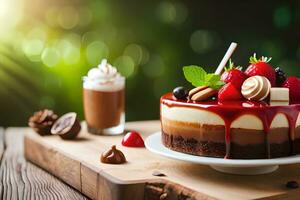 a cake with strawberries, chocolate and cream on top. AI-Generated photo