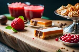 various desserts on a wooden tray. AI-Generated photo