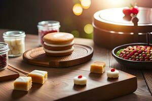 un mesa con varios postres y otro comida elementos. generado por ai foto