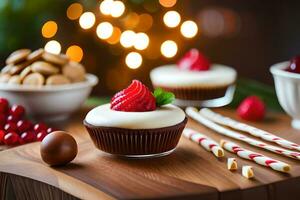 cupcakes with cream cheese frosting and strawberries. AI-Generated photo