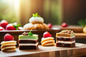 three different types of cakes on a wooden tray. AI-Generated photo